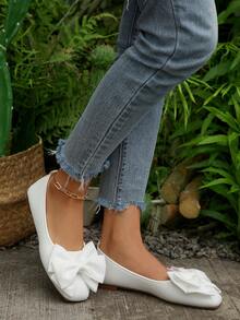 白色方头蝴蝶结平底鞋，玛丽珍式套脚鞋款，时尚法式优雅休闲乐福鞋，春秋新款，简约通勤办公鞋 - 白色 - 查看 5