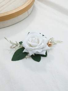 1pc/6pcs Premium White Rhinestone Rose Flower With Baby's Breath Artificial Green Plant Corsage, Suitable For Groom, Bride, Groomsman, Bridesmaid, Wedding, Engagement, Anniversary, Banquet, Party, Travel,Summer,Beach - White - View 3