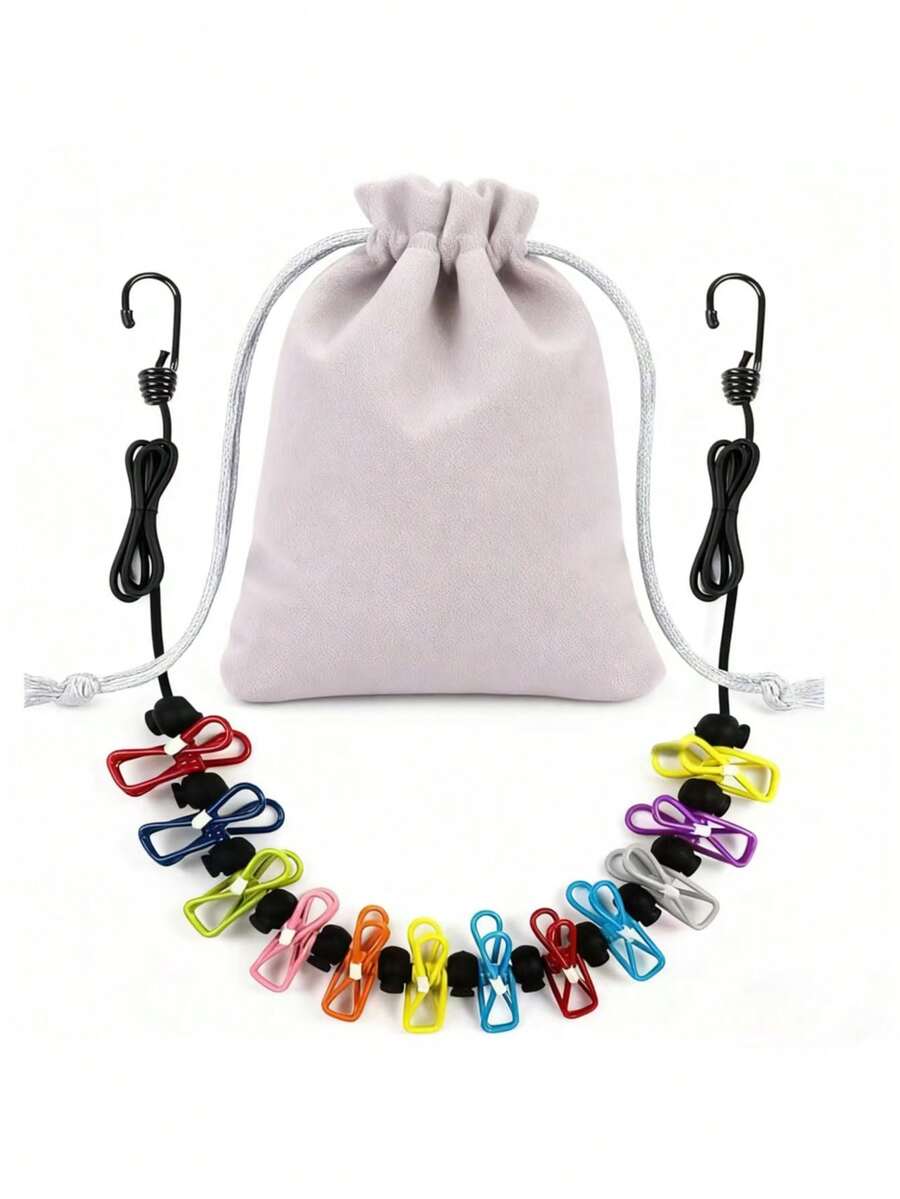 12pcs Colorful Retractable Portable Anti-Slip Windproof Clothes Clips With Clothesline, Suitable For Drying Socks, Underwear, Towels, For Outdoor Camping, Hotel, Bathroom - View 1