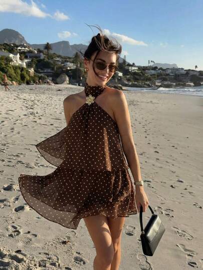 2026 HoloChill Women's Casual Colorblock Polka Dot Sleeveless Halter Neck Dress, Summer Casual New Arrival, Women's Brown Polka Dot Backless Short Dress, Sleeveless, Layered Hem, Casual Style, Women's Summer Dress, Holiday Dress, Elegant Party Dress, Women's Beach Dress, Wedding Guest Dress, Women's Birthday Dress, Women's Elegant Dress, Women's Beach Vacation Outfit, Women's Casual Dress