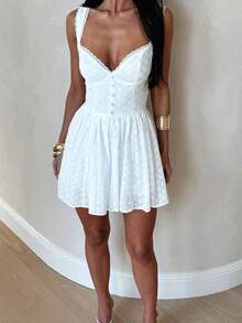 Women's Summer Mini Dress Stylish Solid Lace Trim Flower Embroidered Hollow Details Sleeveless V Neck A Line Dress Casual Boho Vacation Beach Date Party Outfit - 白色 - 查看 6