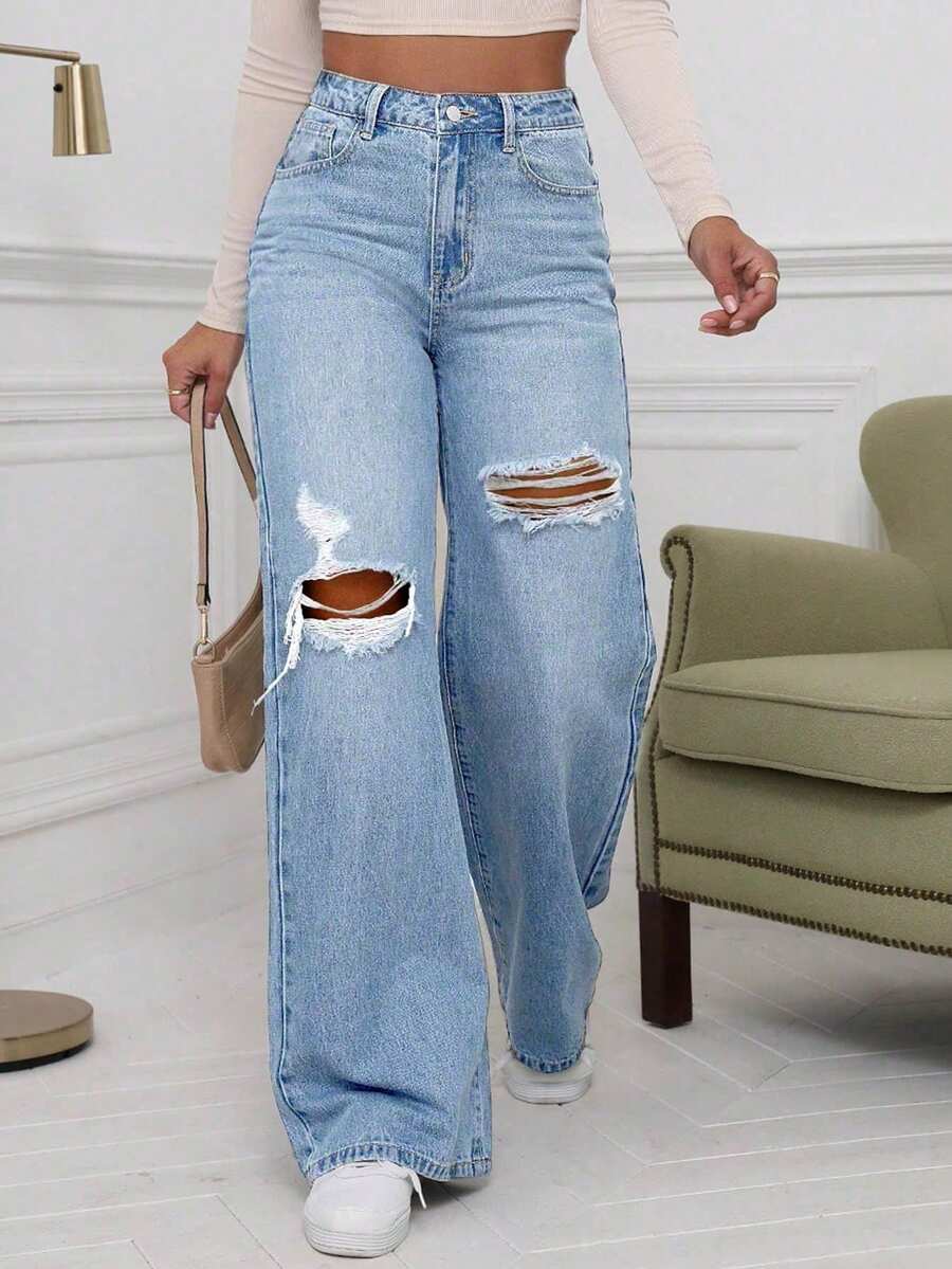 Teenage Wide Leg Washed Distressed Jeans, Fashion For Women - Baby Blue - View 1