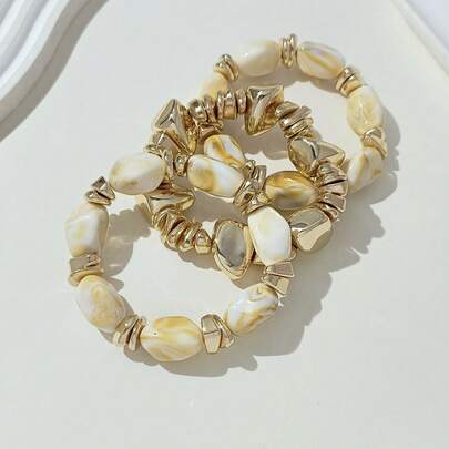 3pcs/Set Vintage Boho Thick Multi-Layer Acrylic Beaded Bracelet, Gold Nugget Charm Bracelet, Luxury High-End For Women, Couples, Party, Daily Wear