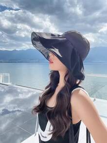 1pc New Korean-Style Women's Foldable Large-Brimmed Sun Hat For Summer, Black Vinyl, UV Protection, Bucket Hat - Multicolor - View 11