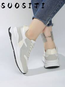 女士纯色厚底休闲运动鞋，适合日常穿着，防滑 - 白色 - 查看 6