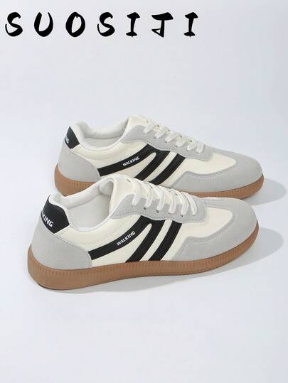 女士多功能时尚休闲平底鞋，防滑系带圆头橡胶底休闲运动鞋，黑色和卡其色拼色日常休闲鞋，尺码 36-41