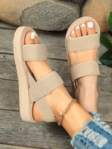 Sandálias pretas casuais e estilosas para o verão, com bico aberto, modelo slip-on. Sandálias cáqui minimalistas com tira elástica para praia. - Caqui - Ver 2