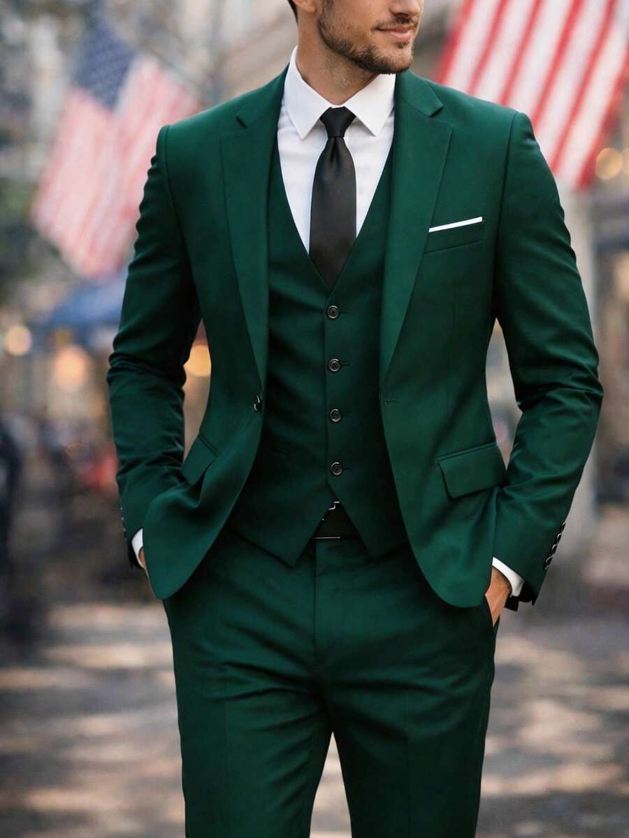 Men's Slim-Fit Three-Piece Suit With Notch Lapels - 軍綠色 - 查看 1