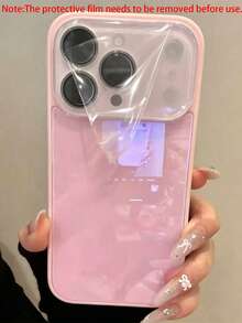 Luxury Pink Solid Color Fashion Glossy Glass Phone Shockproof Case Suitable For 17 Pro Max 16 15 14 13 12 11 Pro Max Lens Protection Shock-Resistant Frame Hard Back Cover Spring Gift - Baby Pink - View 3