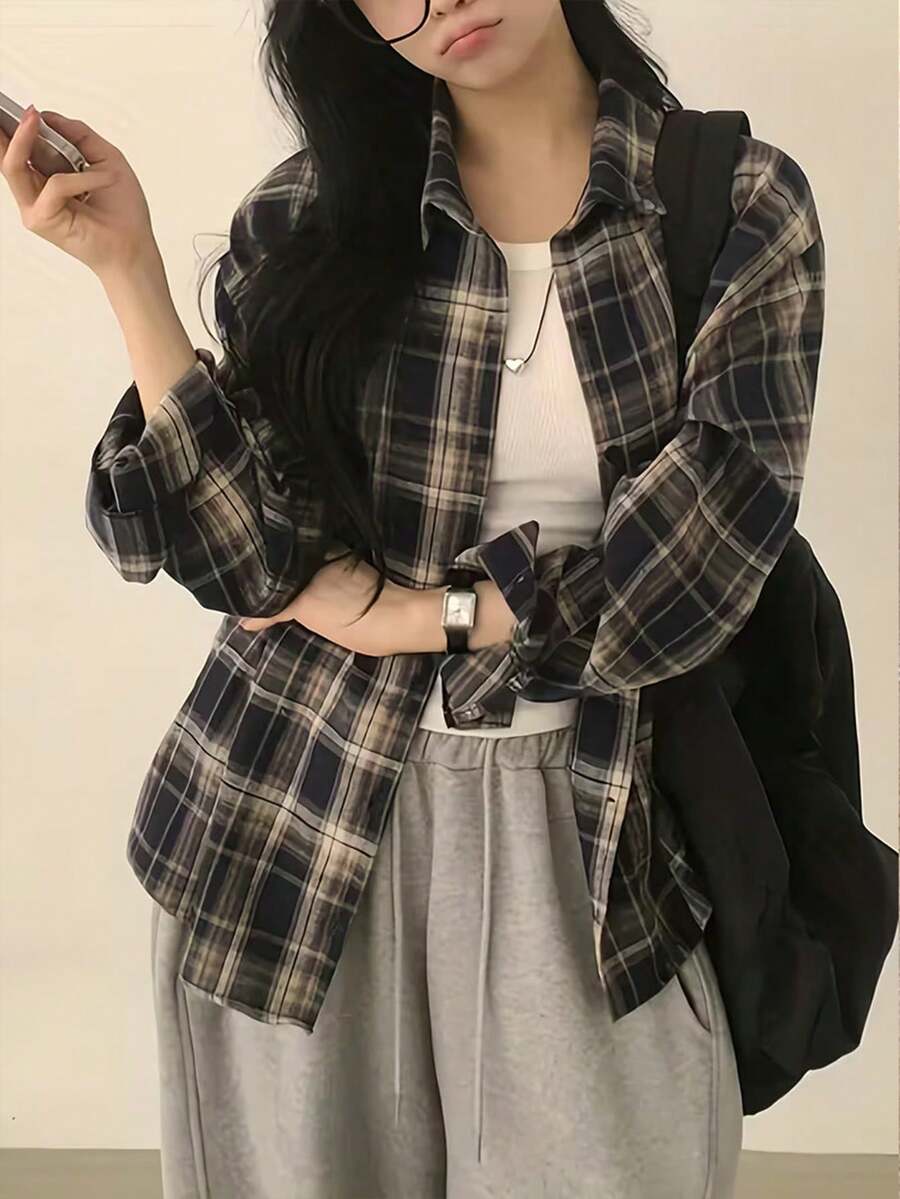 复古格子宽松休闲百搭长袖衬衫 - 灰色 - 查看 1