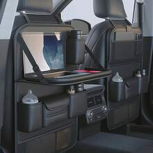 1个大容量PU皮革汽车座椅靠背储物袋，带双杯架和纸巾盒，黑色防踢车载收纳袋，多隔层设计，可放置水瓶、平板电脑和配件，易于清洁的悬挂式后座收纳袋，适用于轿车、SUV、卡车，时尚的汽车内饰配件，适合家庭公路旅行和日常通勤。 - A - 查看 3