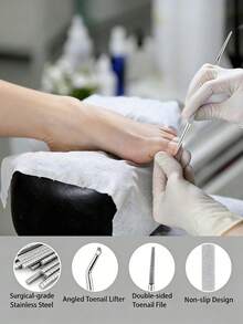 3件套专业不锈钢嵌甲工具套装，包括双面修脚锉、提趾器、勺子和推杆，有效去除和清洁嵌甲，完整的足部护理套装，配有便携式收纳袋和整理盒。 - 銀色 - 查看 4