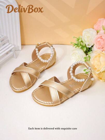 1 par de sandalias deslizantes con perlas y diseño cruzado de metal para niñas, estilo princesa para el verano