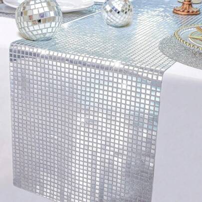1pc Shiny Disco Tablecloth, Mirror Silver Disco Party Table Runner, Sequined Disco Tablecloth 70s 80s Theme Birthday Party Bachelorette Party Table Decoration