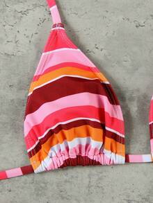 Nouveau bikini d'été à la mode à rayures et dos nu, ensemble de maillot de bain élégant pour femmes. Tenue de plage décontractée, convient pour les fêtes de plage d'été, les vacances printanières, les sorties romantiques. Design unique, style bohème, idéal pour les voyages et les loisirs quotidiens. - Multicolore - Voir 3