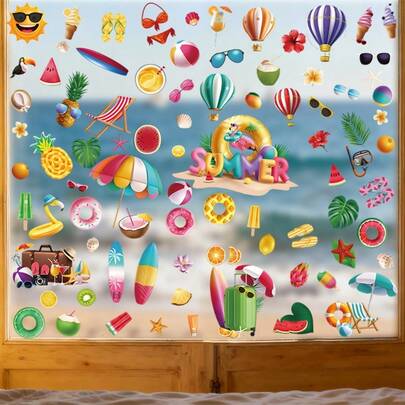 4 Sheets Hello Summer Window Sticker Double Sided Large Window DecalsWindow Cling Self Adheisve PVC Stickers With Hot Air Balloon Ice Cream Beach Fruit, Ice Cream Surf Designs, Semi-Gloss Irregular Shapes For Home, Office, Refrigerator Party Decorati