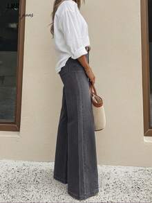 Light Blue Washed Flare Wide Leg Jeans, Relaxed Fit Suitable For Daily Commute Casual - Grey - View 5