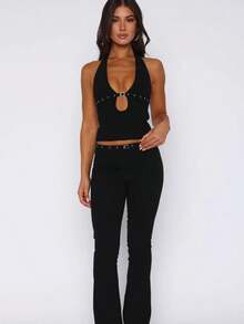 White/Black/Grey/Dark Brown Halter Cutout Top, Gold Buckle Rivet Sleeveless Crop Top, Y2K Sexy Summer Party Clubwear For Women - 黑色 - 查看 5