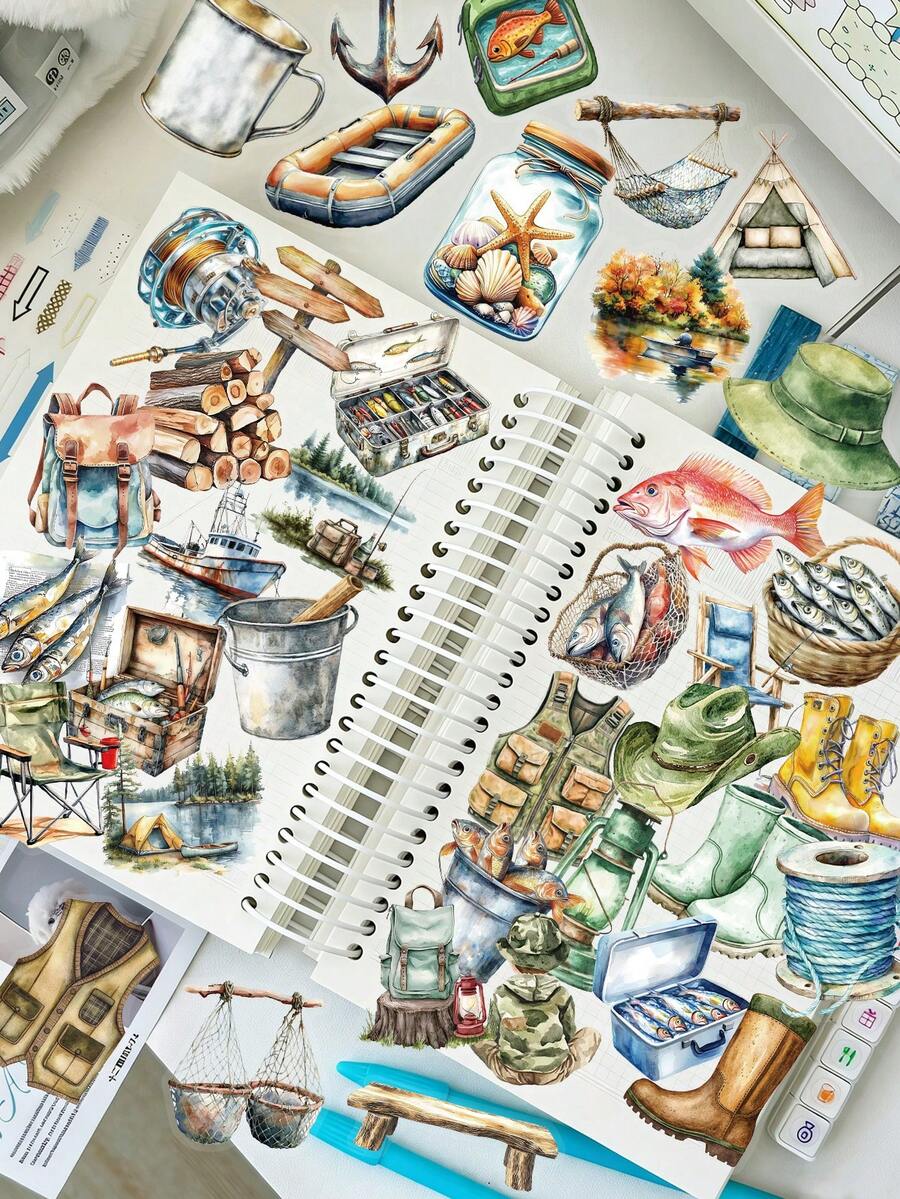 50pcs Fishing Themed Waterproof Transparent Stickers, Suitable For Water Bottles, Notebooks, Laptops, Phones, Skateboards, Guitars, Luggage, Fridges, Phone Cases, Scrapbooks, Great For Back To School, Birthday, Holiday Gifts Scrapbook Supplies Scrapbooking - 50pcs - View 1
