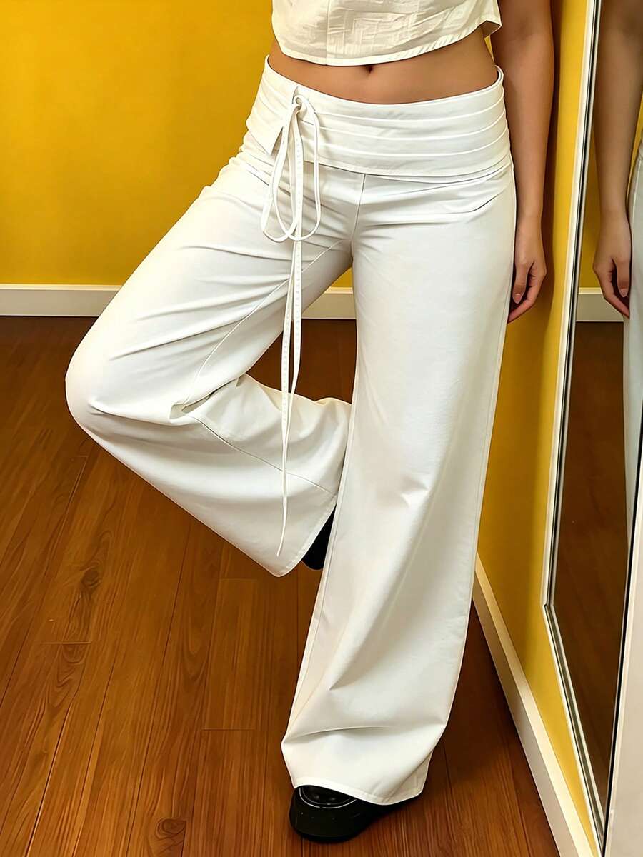 Pantalones casuales de talla grande para mujer, de moda, color liso, con cinturón, corte holgado y pierna ancha. - Blanco marfil - Ver 1
