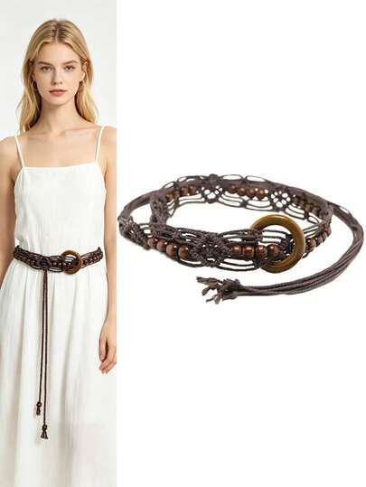 Thắt lưng bện kiểu Bohemian cho nữ, dây thắt lưng dệt màu nâu cổ điển, thắt lưng kiểu cao bồi miền Tây nước Mỹ, dây thắt lưng cao cấp tối giản, phụ kiện váy áo đa năng, thắt lưng phong cách Y2K.