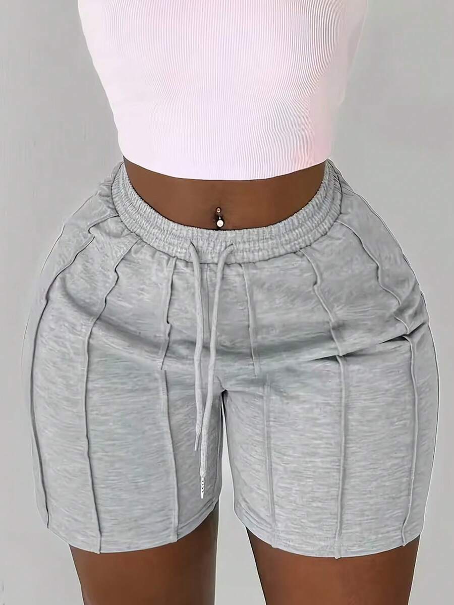 Women's Fashionable Solid Color Drawstring Shorts, Casual Elastic Waist Side Pocket Shorts With Folding Design Sports
