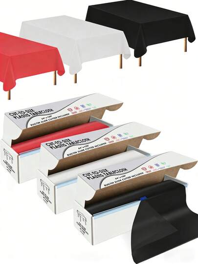 Rollo de mantel desechable de plástico negro, blanco y rojo de 54" X 100', cubierta de mesa de plástico con caja cortadora, mantel desechable recortable para fiestas