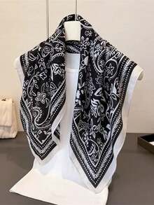 1 chiếc khăn vuông in họa tiết đơn giản 70cm, khăn bandana mùa xuân mới cho nữ, đa năng dùng làm khăn thắt eo, băng đô, khăn quàng cổ thời trang. - Đen và trắng - Xem 1