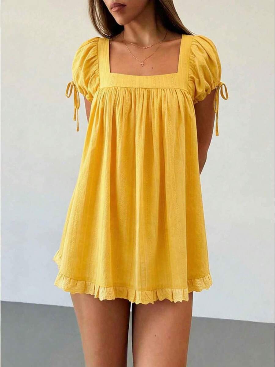 Womens Square Neck Mini Dress Summer Short Sleeve Babydoll Style Lace Trim Casual Loose Dress - 黃色 - 查看 1