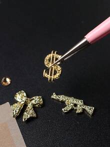 美甲飾品 金色金屬合金槍心美金蝴蝶結設計 水鑽鋼珠 Y2K 美甲藝術配件 美甲用品 - 彩色 - 查看 6
