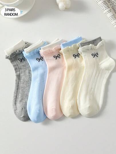 3 đôi tất ngắn họa tiết nơ dễ thương và đơn giản dành cho nữ, tất mùa xuân và mùa hè, tất cổ cao màu trắng có bèo nhún, tất thoáng khí và không gọng, tất ngẫu nhiên