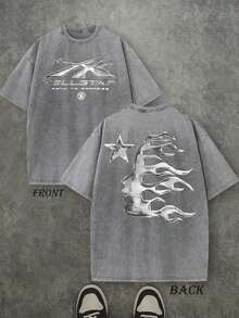 Men's Oversized Washed Graphic T-Shirt Hell Flame Star Silver Print Vintage Streetwear Tee | Exquisite Design |   Loose And Comfortable |   Easy To Match | - Grey - View 1