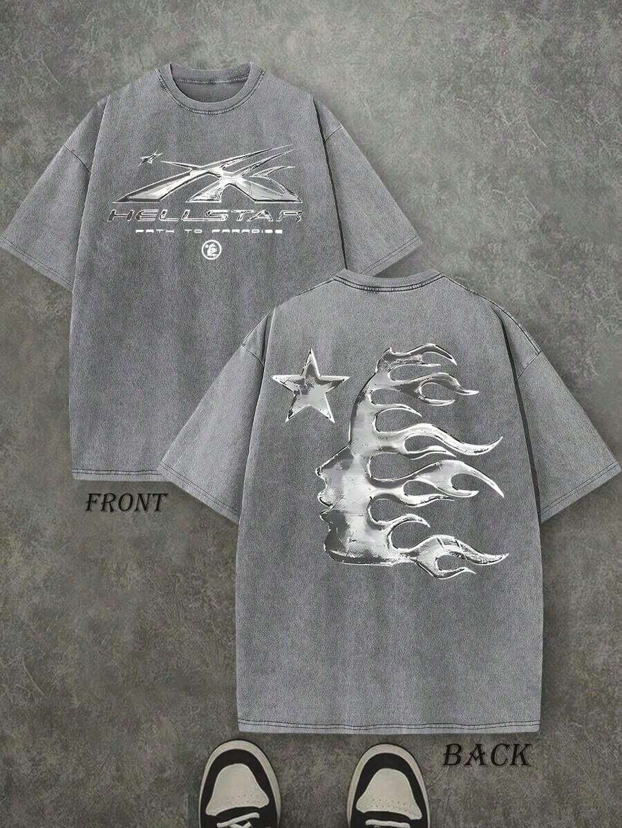 Men's Oversized Washed Graphic T-Shirt Hell Flame Star Silver Print Vintage Streetwear Tee | Exquisite Design |   Loose And Comfortable |   Easy To Match | - Grey - View 1