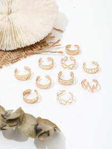 Bộ 10 chiếc nhẫn đeo ngón chân bằng kim loại kiểu Bohemian, hình trái tim rỗng, chạm khắc họa tiết hình học, thích hợp cho kỳ nghỉ biển. - Vàng - Xem 4