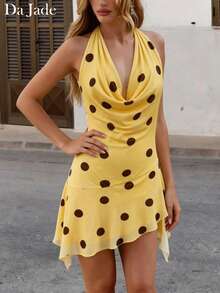 Da Jade Women Polka Dot Halter Mini Dress, Cowl Neck Sleeveless Backless Dress, Irregular Ruffle Hem Slim Fit Short Dress For Vacation - Yellow - View 2