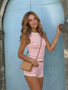 Women's Y2K Pink Knit Vest Top & High Waist Shorts 2pcs Set, Casual Outfit For Spring Summer Daily, Travel & Beach - Pink - View 5