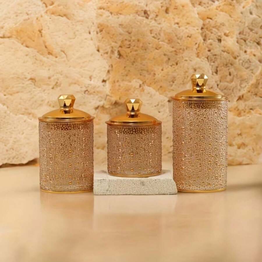 1 Luxurious Ceramic Storage Jar With A White And Gold Pattern (With Lid), Featuring Embossed Dot Design Decorations. The Jar Is Suitable For Storing Tea, Sweets, And Snacks And Can Be Used In The Kitchen/Bathroom. - View 1