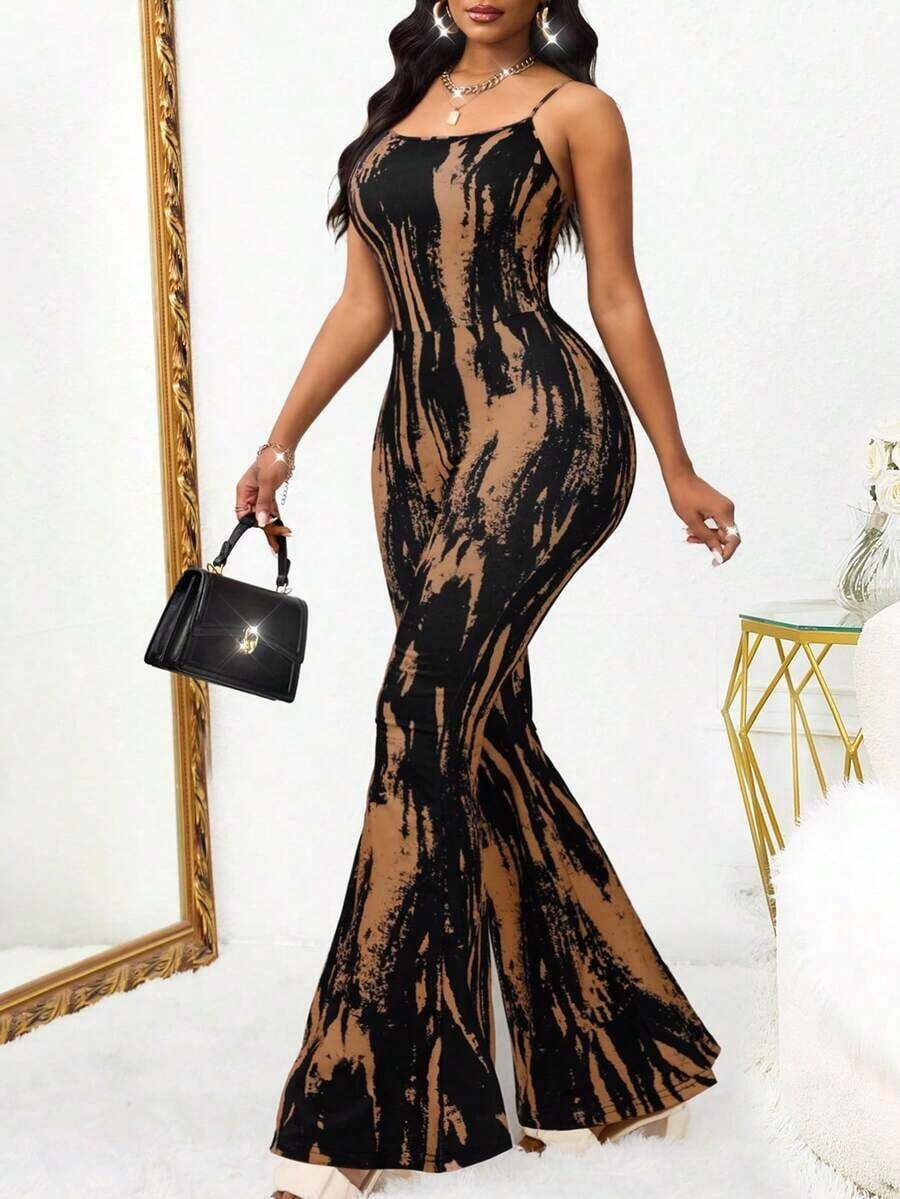Ladies Sexy Y2K Vintage Elegant Stretch Vacation Travel Elegant Printed Wind Flared Jumpsuit Summer - 咖啡棕色 2 - 查看 1