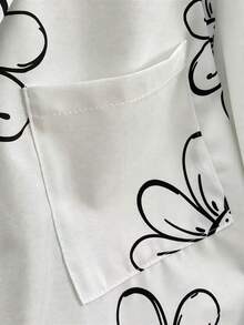 Women's Floral Print Button Front Casual Long Sleeve Shirt - White Background With Black Flowers - View 6