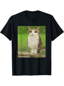 Funny Meow Cat And Owl Meme T-Shirt For Men - Soft Black Short Sleeve Shirt With Tabby Cat And Owl Design, Loose Fit Casual Shirt For All Seasons, Funny Meme Clothing For Parties, Beach, Everyday Wear And Meme Events - 黑色 - 查看 6