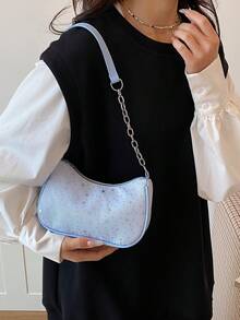 Spring Fashion Women's Chain Shoulder Bag, Star Pattern Zipper Closure Crescent Underarm Bag, Suitable For Daily Wear - Blue - View 2