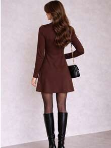 Premium Suedine Short Dress With High Ribbed Neck And Long Sleeves, Simple Fitted A-Line Style, Solid Color, Elegant, Autumn/Winter Fashion. - Rust Brown - View 5