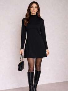 Premium Suedine Short Dress With High Ribbed Neck And Long Sleeves, Simple Fitted A-Line Style, Solid Color, Elegant, Autumn/Winter Fashion. - màu đen - Xem 6