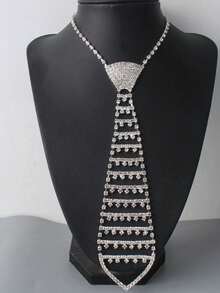 1pc Rhinestone Tie Necklace, Bridal Dress Accessory, Arrow-Shaped Unisex Summer Fashion Tie - Silver - View 3
