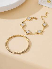 1 Set Luxury Rhinestone Hollow Clover & Elastic Bracelet, Women Bracelet Set For Stacking - White - View 3