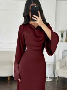Women's Elegant Solid Navy Blue Silky Satin Cowl Neck Long Sleeve Flared Batwing Sleeve Cinched Waist Bodycon Fitted Maxi Dress, Old Money Aesthetic French Vintage Formal Evening Gown For Wedding Guest Date Night Prom Cocktail Party Office Commute Streetwear Photography Plus Size - 酒紅色 - 查看 9