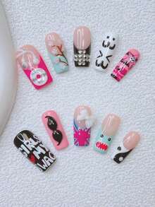 10pcs Y2K Nails Pipe-Shaped Press On Nails Set - Handcrafted, Pink Nails, Black Nails, Blue And White French Tip Nails, Handmade 3D Earphones And 3D, Hand Drawn Green Tea Flower And Shark Design, Hand Drawn Music Elements Nail Art, Sparkling White Bow And Decoration Nail Supplies Handmade Press On Nails - L - 查看 8