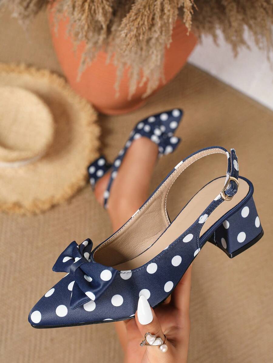 Giày mules cao gót mũi nhọn có nơ dành cho nữ, sandal chấm bi hở gót, giày dự tiệc thoải mái.