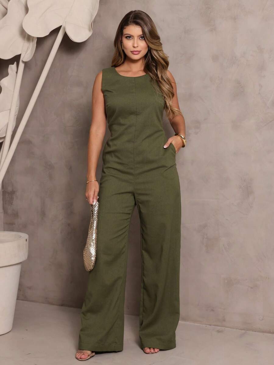 Elegant Linen Jumpsuit With Wide Legs And Discreet Pockets. - xanh quân đội - Xem 1
