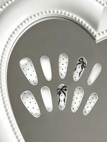 10pcs Almond-Shaped Medium Length Sheer Black Polka Dot Bow Nail Tips, Minimalist Sweet Style, Featuring Hand-Painted Polka Dots And 3D Bow Designs, Transparent Painted Technique, Suitable For Teenage Girls And Young Women, Fit For Daily Commute, Sweet Date, And Unique Outings, Comes With Jelly Gel And Nail File - Black and White - View 2